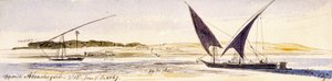 ダハビーヤを含む2隻の伝統的なエジプト船。カラー水彩画 作： Edward Lear