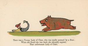 1875年にロンドンのフレデリックワーンアンドカンパニーから出版された「A Book of Nonsense」からクマに猛烈に追われたクレアの若い女性がいました。 作： Edward Lear