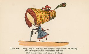 1875年にロンドンのフレデリックウォーンアンドカンパニーが発行した 『A Book of Nonsense』からウォーキング用の大きなボンネットを購入したドーキングの若い女性がいました。