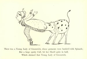 グリニッジの若い女性がいて、その服はほうれん草と縁取られていました 作： Edward Lear
