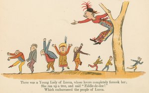 1875年にロンドンのフレデリックウォーンアンドカンパニー発行の「無意味の書」から、恋人たちが彼女を完全に見捨てたルッカの若い女性がいました。 作： Edward Lear