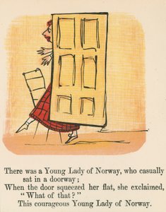 1875年頃、ロンドンのフレデリックウォーンアンドカンパニー発行の「A Book of Nonsense」から、戸口にさりげなく座っていたノルウェーの若い女性がいました。 作： Edward Lear