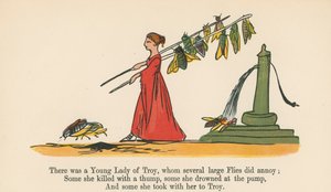 1875年頃にロンドンのフレデリックウォーンアンドカンパニーから出版された 『A Book of Nonsense』から、いくつかの大きなハエが悩んだ若い女性のトロイがいました。