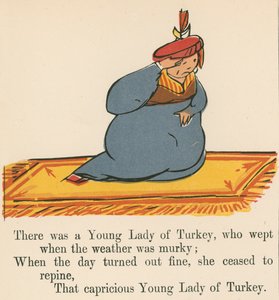 1875年にロンドンのフレデリックワーンアンドカンパニーが出版した 『A Book of Nonsense』から、天候が暗いときに泣いたトルコの若い女性がいました。 作： Edward Lear