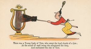 1875年にロンドンのフレデリックウォーンアンドカンパニーが発行した 『A Book of Nonsense』から、ライアの大きな和音を吹き飛ばした若い女性のタイヤがいました。 作： Edward Lear