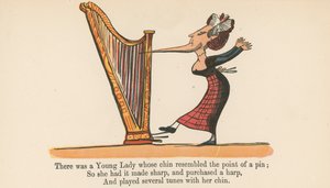 1875年にロンドンのフレデリックウォーンアンドカンパニー発行の「A Book of Nonsense」から、あごがピンの先に似た若い女性がいました。