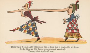 1875年にロンドンのフレデリックワーンアンドカンパニー発行の 『A Book of Nonsense』から、鼻が長すぎてつま先まで届く若い女性がいました。