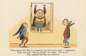 1875年頃、ロンドンのフレデリックウォーンアンドカンパニー発行の「A Book of Nonsense」から、驚いたことに両手を上げた老人がいた。 作： Edward Lear