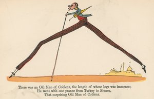 1875年にロンドンのフレデリックウォーンアンドカンパニーから出版された「A Book of Nonsense」から、脚の長さが途方もないコブレンツの老人がいました。 作： Edward Lear