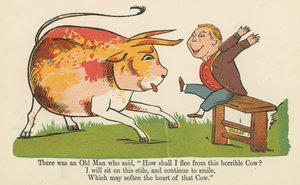 フレデリックウォーンアンドロンドン発行の「A Book of Nonsense」から、「この恐ろしい牛からどうやって逃げようか」と言った老人がロンドン、c.1875にいた 作： Edward Lear