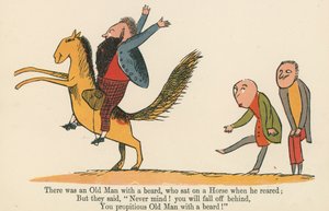 1875年頃、ロンドンのフレデリックワーンアンドカンパニー発行の「無意味の書」から、飼育時に馬に乗ったひげの老人がいました。 作： Edward Lear