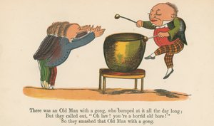 1875年にロンドンのフレデリックウォーンアンドカンパニー発行の「無意味の書」から、ゴングを持った老人が1日中ぶつかった。 作： Edward Lear