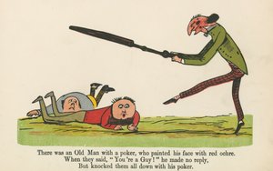 フレデリックウォーンアンドロンドン発行の「A Book of Nonsense」から、ポーカーを持った老人が顔に赤い黄土色を塗っていました。1875年頃 作： Edward Lear
