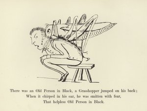 黒の老人がいて、グラスホッパーが背中にジャンプした 作： Edward Lear
