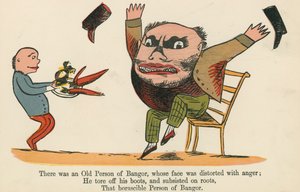 1875年頃、ロンドンのフレデリックワーンアンドカンパニー発行の「無意味の書」から、怒りで顔が歪んだバンゴーの老人がいました。 作： Edward Lear