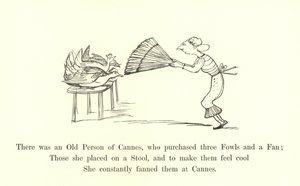 カンヌの老人がいて、三羽の鳥と扇子を購入しました 作： Edward Lear