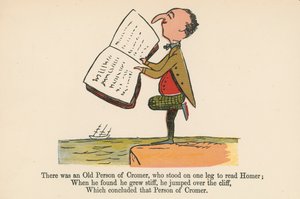 1875年にロンドンのフレデリックウォーンアンドカンパニーから出版された「無意味の書」から、ホーマーを読むために片足で立っていたクローマーの老人がいました。 作： Edward Lear
