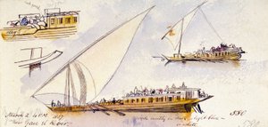 ガウ・エル・ケビール（エジプト）近郊で、乗客を乗せたエジプト船の3つの調査。 作： Edward Lear