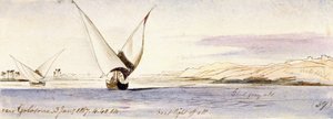 ゴロソナ（エジプト）付近のナイル川の眺め。水彩画 作： Edward Lear