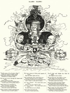 パンチ漫画。クラブ!クラブ！クラブ！クラブ- ロンドンに溢れかえる紳士クラブの数々（版画 作： Edward Linley (after) Sambourne