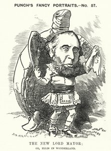 パンチの漫画。1881年にロンドン市長に就任したジョン・エリス卿(彫刻) 作： Edward Linley (after) Sambourne
