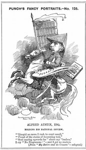 アルフレッド・オースティン（1835-1913） 1896年からイギリスの桂冠詩人。オースティンが『ナショナル・レビュー』誌の編集者になった1883年3月3日、ロンドンの『パンチ』誌に掲載された「ファンシー・ポートレート」シリーズのエドワード・リンリー・サンボーン（1844-1910）による漫画。エングレーヴィング。 作： Edward Linley Sambourne