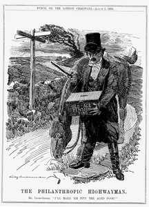 David Lloyd George (1863-1945) ウェールズ生まれのイギリスの自由主義政治家。1908年、大蔵大臣としてロイド・ジョージは老齢年金法を導入した。エドワード・リンリー・サンボーンによる漫画（1908年8月、ロンドンの『パンチ』より 作： Edward Linley Sambourne