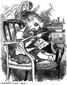 Evelyn Ashley (1836-1907) イギリスの作家、自由主義政治家：シャフツベリー伯爵の息子。エドワード・リンレイ・サンボーンによる漫画（『パンチ・ロンドン』の「ファンシー・ポートレート」シリーズ） 1881年4月、アシュレイが貿易委員会の次官だったときのもの。 作： Edward Linley Sambourne