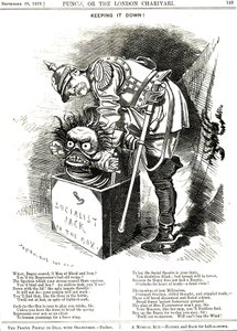 Keeping It Down.オットー・フォン・ビスマルク（1815-1898）ドイツ首相、社会主義のジャックを無理やり箱に戻そうとしている。キャプションでは、抑圧された行為はすべて、より自由になりたいという人間の願いを叶える万能薬のようなものだと語っている。漫画：エドワード・リンレイ・サンボウ