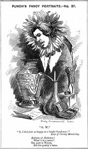 オスカー・ワイルド（1854-1900）アイルランドの劇作家、小説家、詩人、ウィット。エドワード・リンレイ・サンボーンによる『パンチ・ロンドン』誌に掲載された「ファンシー・ポートレイト」シリーズの漫画（1881年6月25日）で、ワイルドがひまわりに扮している。木版画
