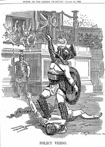 1905年12月に英国で自由党政権が復活すると、保守党の関税による保護政策ではなく、自由貿易政策がとられるようになりました。エドワード・リンレイ・サンボーンの漫画（1906年1月24日付『パンチ・ロンドン』より 作： Edward Linley Sambourne