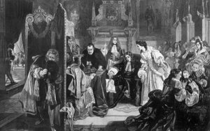 ジェームズ2世1633-1701は、1890年にオレンジの王子が上陸したというニュースを受けました。 作： Edward Matthew Ward