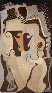 膝の上に鳩を乗せて座る女性を描いたタペストリー