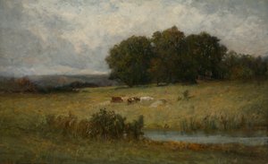 ストリーム近くの牛の明るいシーン。 作： Edward Mitchell Bannister