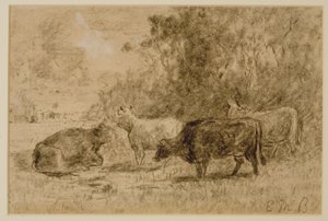 4 頭の牛のいる風景、c. 1880年代（紙に木炭） 作： Edward Mitchell Bannister