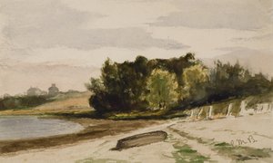 浜辺の丸太のある風景 (#40)、c. 1880年（紙に水彩） 作： Edward Mitchell Bannister