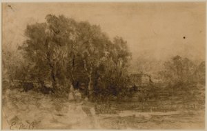 森のある風景、c。 1880年代（紙にグラファイト） 作： Edward Mitchell Bannister