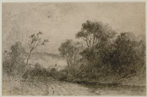 木の後ろに屋根がある風景（＃４９） ｃ． 1880年代（紙にグラファイト） 作： Edward Mitchell Bannister