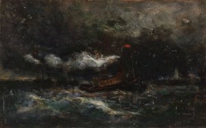 スコール、ブレントン灯台（嵐の中のボート、背景に灯台） 作： Edward Mitchell Bannister