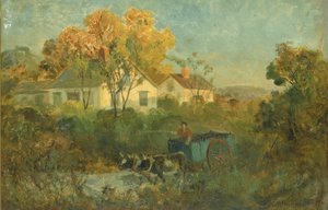 1895年、プールで牛と一緒にカートに乗った水飲み場の男。 作： Edward Mitchell Bannister