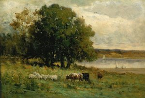 無題（川のそばの牛と遠くにヨット） 作： Edward Mitchell Bannister