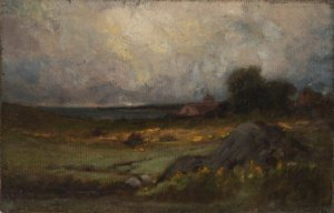無題（前景に岩、背景に尖塔のある屋根と湖のある風景） 作： Edward Mitchell Bannister