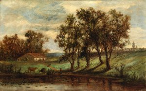 無題（池の近くで草を食む牛を連れた男、背景は家と木々） 作： Edward Mitchell Bannister