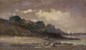 無題（帆船と屋根のある海岸線） 作： Edward Mitchell Bannister