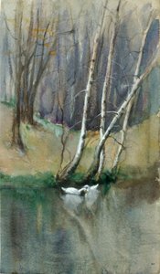 白樺の木とアヒルの無題の木のシーン、n.d. 作： Edward Mitchell Bannister