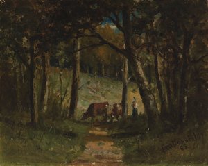 森の小道にいる無題の牛、1883年。 作： Edward Mitchell Bannister