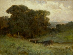 橋のある無題の森のシーン、前景に小川の牛、1897年. 作： Edward Mitchell Bannister