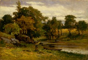 無題の風景、小川の近くに係留されたボート、前景を歩く男性、1879年。 作： Edward Mitchell Bannister