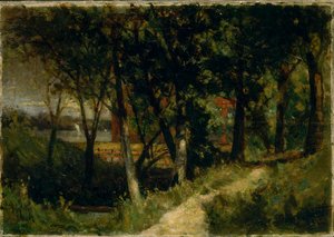 無題の風景、赤いフェンスと建物のある森のシーン、1893年。 作： Edward Mitchell Bannister
