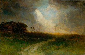 無題の風景、馬に乗った男、1884年。 作： Edward Mitchell Bannister